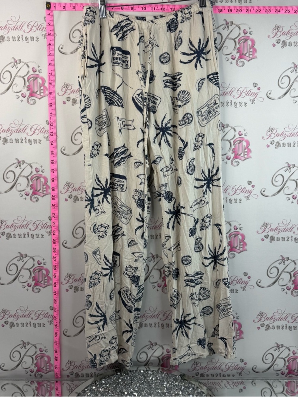 Cali1850 Wide Leg Beach Print Pants Comfy Flowy with a Cream with Black Print